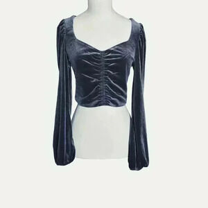 Meraki Womens Cropped Velvety Velour Top Size Small Gray Blue